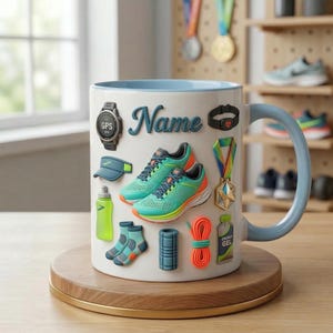 以下が含まれることがあります： ランニングをテーマにしたグラフィックで装飾された、内側とハンドルが水色の白いセラミックマグ。マグには、GPSウォッチ、ランニングシューズ、バイザー、靴下、ウォーターボトル、そして「Name」という名前が書かれています。