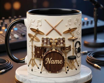 Taza personalizada con diseño de batería, taza de café de cerámica con efecto 3D, regalo con detalles para músicos.