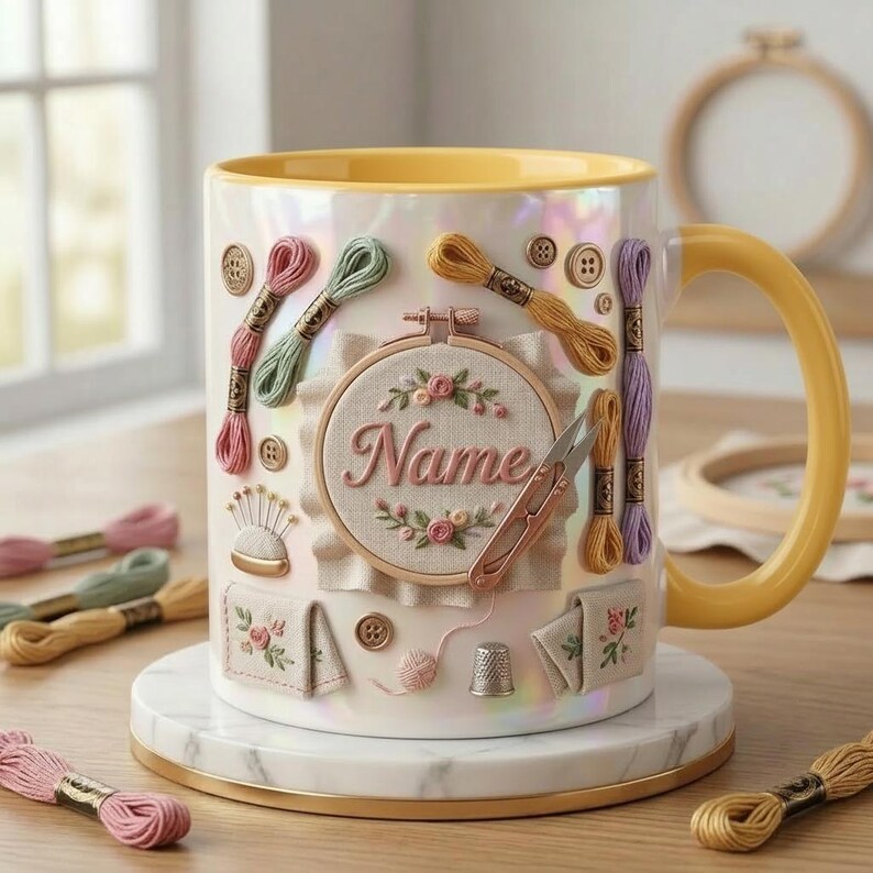 Puede incluir: Taza de cer&aacute;mica blanca con asa y borde amarillos, decorada con adornos de tem&aacute;tica de bordado. Presenta carretes de hilo, botones y un bastidor con el nombre "Name". La taza est&aacute; sobre un posavasos de m&aacute;rmol.