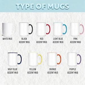 Puede incluir: Una colecci&oacute;n de tazas de cer&aacute;mica blancas con asas y bordes de colores. Las tazas est&aacute;n etiquetadas: Blanca, Negra, Roja, Azul claro, Rosa, Azul marino, Amarilla, Naranja y P&uacute;rpura. El texto "TYPE OF MUGS" est&aacute; en la parte superior.