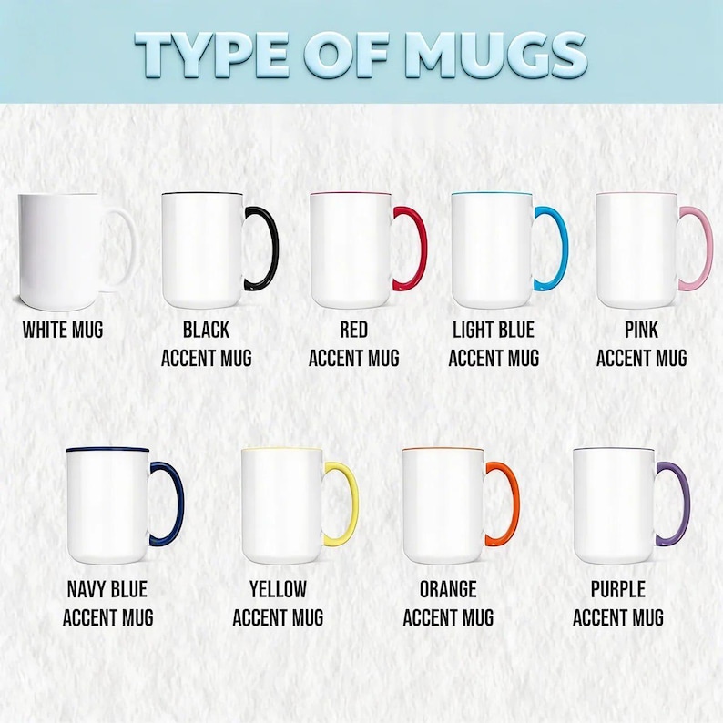 Puede incluir: Una colecci&oacute;n de tazas de cer&aacute;mica blancas con asas y bordes de colores. Las tazas est&aacute;n etiquetadas: Blanca, Negra, Roja, Azul claro, Rosa, Azul marino, Amarilla, Naranja y P&uacute;rpura. El texto "TYPE OF MUGS" est&aacute; en la parte superior.