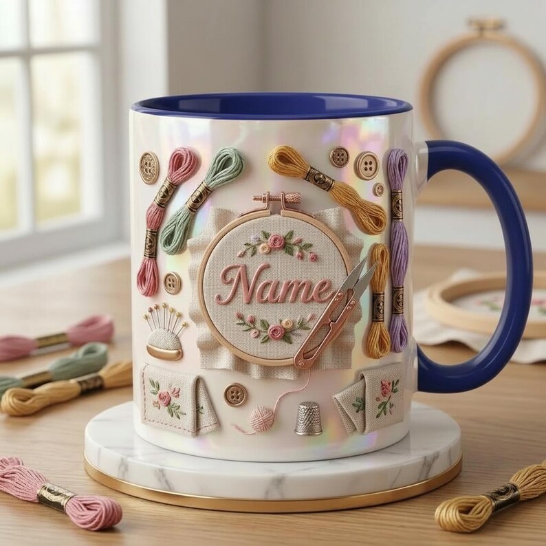 Puede incluir: Taza de cer&aacute;mica blanca con asa y borde azul, decorada con adornos de tem&aacute;tica de bordado. La taza presenta un bastidor de bordado floral con el nombre "Name", carretes de hilo, botones y un dedal. Se encuentra sobre un posavasos de m&aacute;rmol.