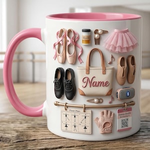 May include: White ceramic mug with a pink handle and interior, decorated with ballet-themed items. Includes ballet shoes, a tutu, a tote bag with "Name" text, and a floor plan. A perfect gift for a dancer.