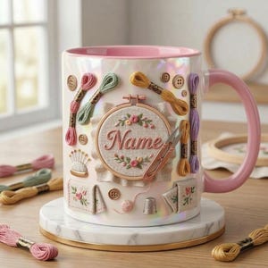 Puede incluir: Una taza de cer&aacute;mica blanca con asa y borde rosa, decorada con adornos tem&aacute;ticos de bordado. La taza presenta carretes de hilo, botones y un peque&ntilde;o bastidor de bordado con el nombre "Name". La taza est&aacute; sobre un posavasos de m&aacute;rmol.