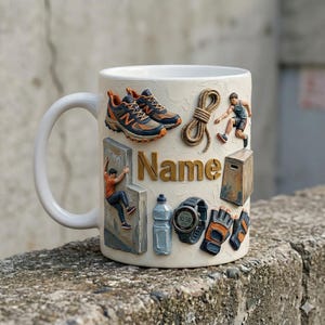 May include: A white ceramic mug with a black handle and the text "But First, Coffee" in a bold, black font. The mug is set against a neutral background, highlighting its simple design.
