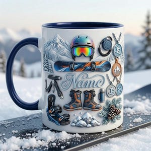 スノーボードをテーマにした3Dマグカップ（ウィンタースポーツ用ドリンクウェア、3D風デザイン）（11オンスまたは15オンス）