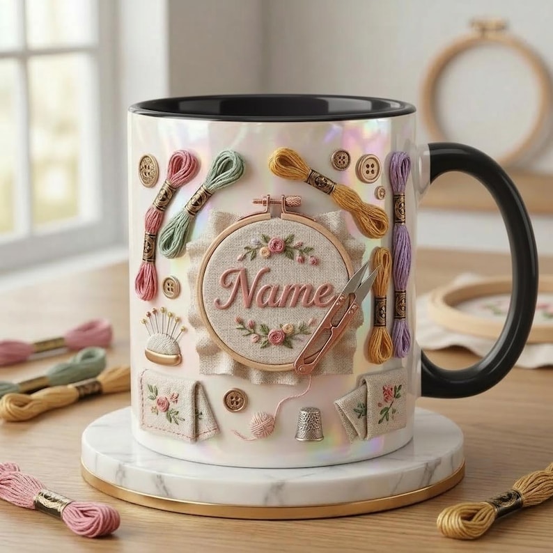 Puede incluir: Taza de cer&aacute;mica blanca con asa y borde negros, decorada con elementos de bordado. Presenta carretes de hilo, botones, un coj&iacute;n de agujas y un bastidor floral con el nombre "Name". La taza est&aacute; sobre un posavasos de m&aacute;rmol.