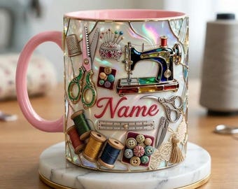 Taza de costura 3D, regalo personalizado para amantes de la costura, taza de café con nombre personalizado, taza con efecto 3D.