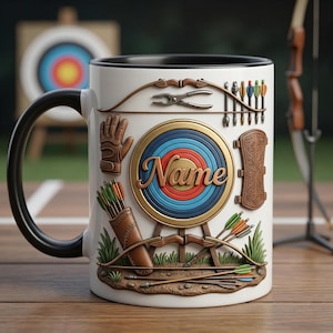 Custom Name Archery Mug 3D, Target Shooting Coffee Cup, Faux 3D Effect (11oz,15oz)