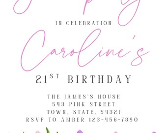 Puede incluir: Una invitación blanca con texto rosa en cursiva que dice "garden party" y "21 cumpleaños de Caroline". La parte inferior de la invitación presenta un borde de coloridos tulipanes en tonos rosa, morado, amarillo y rojo.