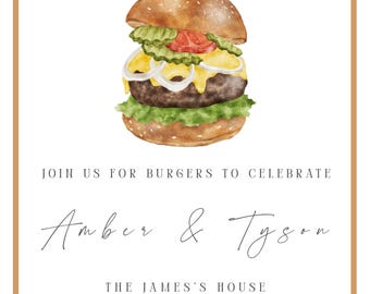 May include: Invitation card with a watercolor illustration of a burger. The text at the top reads "THE NIGHT BEFORE". The invitation says "Join us for burgers to celebrate" and lists names, address, and RSVP information.