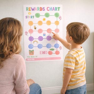 Puede incluir: Un colorido cuadro de recompensas con el texto "REWARDS CHART" y un camino de círculos con ilustraciones. Un niño señala el cuadro mientras un adulto observa. El cuadro incluye ilustraciones de una abeja, un arcoíris y un regalo.