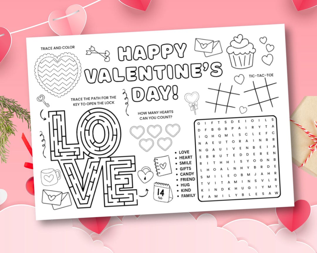 Valentine’s Day Coloring Placemat for Kids | Printable Activity Sheet ...