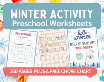 以下が含まれることがあります： 「WINTER ACTIVITY Preschool Worksheets」のテキストが入った未就学児向けワークシート。名前を書いたり、毎日の責任を果たすためのワークシートが画像に表示されています。「250 PAGES PLUS A FREE CHORE CHART」のテキストも含まれています。