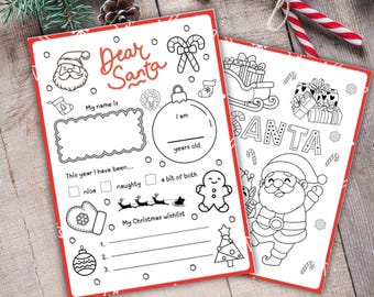May include: Two white paper sheets with red borders, designed for children to write letters to Santa. One sheet says "Dear Santa" and includes fill-in-the-blank sections for age, behavior, and a wishlist. The other sheet features Santa and the word "SANTA".