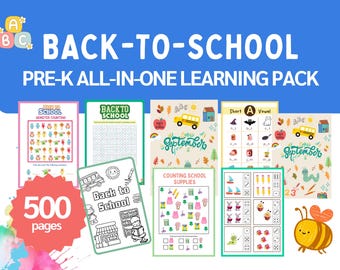 May include: A collection of colorful pre-K learning materials with the text "BACK-TO-SCHOOL" and "PRE-K ALL-IN-ONE LEARNING PACK." The image includes various educational worksheets, counting exercises, and a "500 pages" graphic. A cartoon bee is also present.
