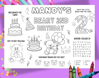 PERSONALIZED “Beary 2nd Birthday” Bear Coloring Page | Custom Toddler Party Activity | Instant Digital Download