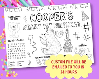 Custom Bear 1st Birthday Activity – Printable Coloring Page (PDF)