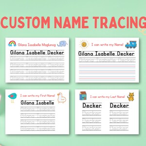 Könnte beinhalten: Vier Arbeitsblätter zum Nachzeichnen von Namen mit dem Text "CUSTOM NAME TRACING". Jedes Arbeitsblatt enthält einen Namen und Linien zum Nachzeichnen. Die Arbeitsblätter haben farbenfrohe Illustrationen.