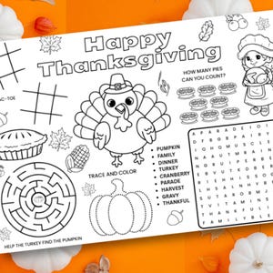 Può includere: Tovaglietta di Thanksgiving in bianco e nero con un tacchino, torta, labirinto e ricerca di parole. Include il testo "Happy Thanksgiving" e "Trace and Color".