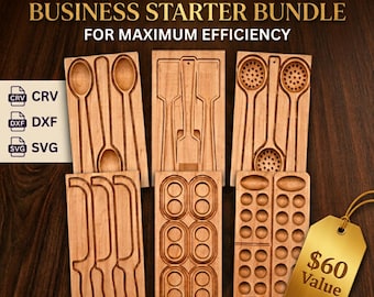 May include: A digital file set titled BUSINESS STARTER BUNDLE FOR MAXIMUM EFFICIENCY featuring six wooden boards with CNC router patterns for kitchen utensils, including spoons, spatulas, and slotted tools, with CRV, DXF, and SVG file icons and a $60 Value tag.
