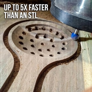 May include: A wooden spoon being carved by a CNC machine router bit. The spoon features a bowl with multiple circular holes drilled into the surface. The text UP TO 5X FASTER THAN AN STL is visible in the upper left corner of the image.