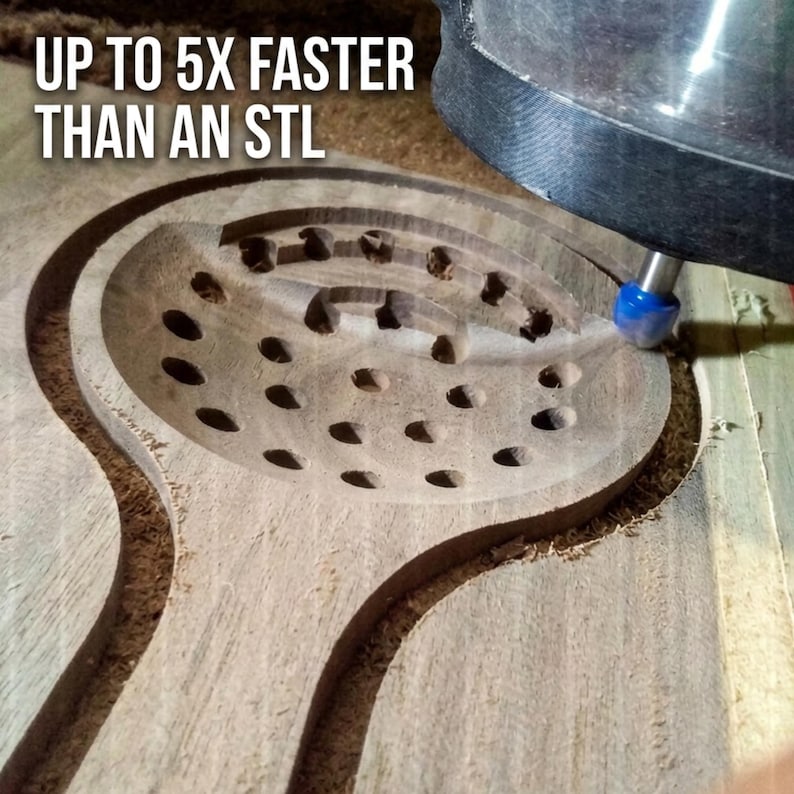 May include: A wooden spoon being carved by a CNC machine router bit. The spoon features a bowl with multiple circular holes drilled into the surface. The text UP TO 5X FASTER THAN AN STL is visible in the upper left corner of the image.