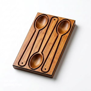 May include: A rectangular wooden board featuring three carved, recessed slots shaped like spoons. The board has a warm, medium-brown wood grain finish. Two of the slots are oriented with the bowl at the top, while one is oriented with the bowl at the bottom.