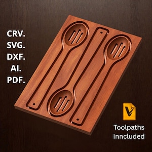 Könnte beinhalten: Ein rechteckiges Holzbrett mit zwei geschnitzten, geschlitzten Löffelformen und einer zentralen geraden Griffform. Der Text CRV, SVG, DXF, AI, PDF erscheint links, und der Text Toolpaths Included steht unter einem gelben Logo.