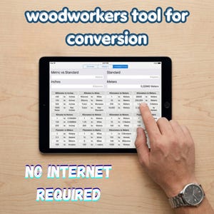 May include: A black tablet displaying a conversion chart with the text woodworkers tool for conversion and NO INTERNET REQUIRED. The screen shows a table comparing metric and standard units including inches and meters with various numerical values.