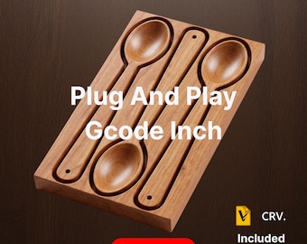 May include: A rectangular wooden block featuring carved indentations for two spoons, with the text Plug And Play Gcode Inch displayed centrally. A small yellow icon with the letters CRV and the word Included appear, along with a red Download button.