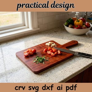 May include: A rectangular wooden cutting board with a handle, featuring sliced cherry tomatoes, chopped green herbs, and garlic cloves on its surface. A silver kitchen knife with a black handle rests on the board. Text reads practical design.