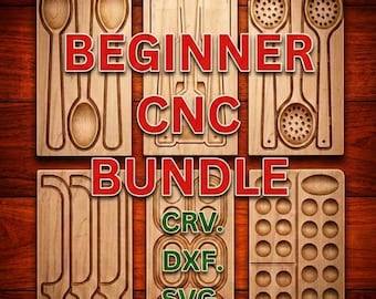 May include: A digital design bundle for CNC machining featuring six rectangular wooden panels with carved patterns of kitchen utensils, including spoons, spatulas, and slotted tools. The text reads BEGINNER CNC BUNDLE, CRV, DXF, and SVG.