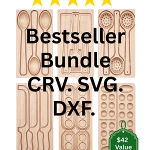 May include: A collection of wooden kitchen utensils, including spoons, spatulas, and slotted spoons. The image displays the text "Bestseller Bundle" and "CRV. SVG. DXF." A green tag indicates a value of £33. The utensils are in a bundle.