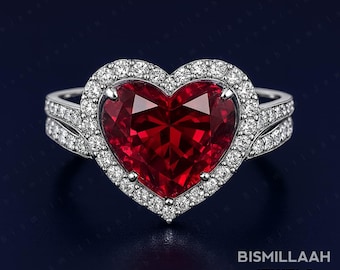 Anillo de rubí con corte de corazón de 10 mm, anillo de compromiso y boda con halo de plata de ley de 5 quilates para mujer.