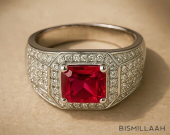 Ruby Ring For Man,Sterling Silver Emerald Engagement ,7mm Princess cut gemstone Luxury Jewelry
