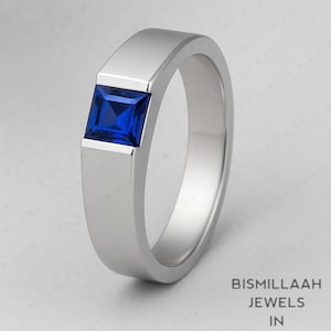 Sapphire men&#39;s Ring, Sapphire Wedding Band for man,5mm Square cut Blue Gemstone September Birthstone men&#39;s Gift Signet Ring