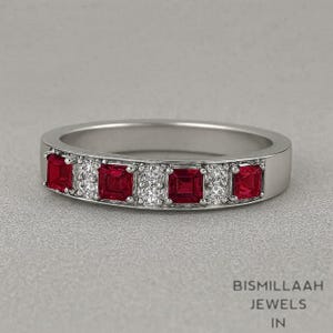 Demi bague d&#39;éternité rubis, alliance en argent sterling 925 / or massif 9 carats / 14 carats, bijoux cadeau pierre de naissance rubis rouge taille coussin
