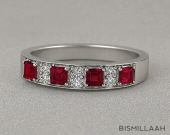 Ruby Half Eternity Ring, Sterling Silver/Solid Gold Wedding band, July Birthstone jewelry