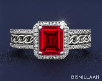 Anillo de compromiso con rubí, plata esterlina, 7 x 5 mm, piedra preciosa de corte esmeralda, piedra natal de julio, regalo para esposa