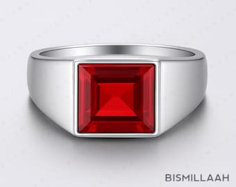 Man Ruby Ring, Sterling Silver Ruby Engagement & Wedding Signet Band,8mm Square Jewelry