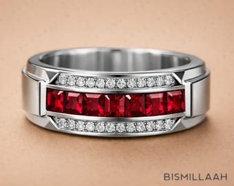 Anillo de compromiso y boda con rubí, plata de ley 925, corte cuadrado, piedra natal de julio para esposo.