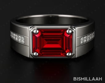 Anillo de compromiso de rubí para hombre, banda con gema roja de 7 x 9 mm, plata de ley 925, piedra natal de julio.