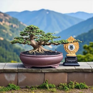 以下が含まれることがあります： 緑の葉と茶色の幹を持つ盆栽が茶色の鉢にあります。黒い台座の金色のトロフィーが盆栽の隣にあります。背景には山脈があります。