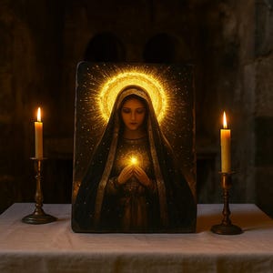 Mystic Madonna,Fresco on Antique Marble,Virgin Mary  icon