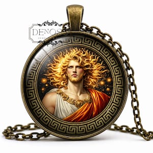 May include: A round bronze-toned pendant necklace featuring a glass cabochon with an illustration of a figure with golden hair and a beard, wearing a white and orange garment. The frame has a Greek key pattern and the text DENOS JEWELRY & OURI.