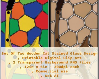 Set Of Two Wooden Cat Stained Glass Design