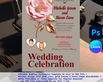 Minimalist Pink Rose Wedding Invitation Template: Gold Leaves (PSD & Canva Digital Download A4 Size)