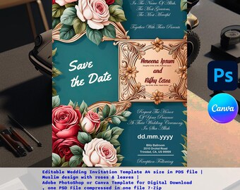 Editable Muslim Wedding Invitation Template: Roses & Leaves (PSD File, Digital Download A4 Size)
