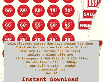 Red Sale Burst & Tag Clip Art, Commercial Use (Digital Download)